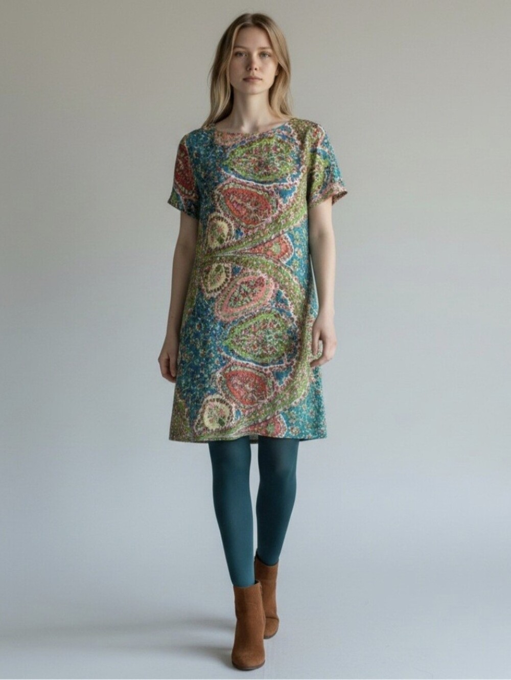 Talbots 100% Silk Seaside‎ Paisley Lined Short Sleeve Shift Dress Sz 12